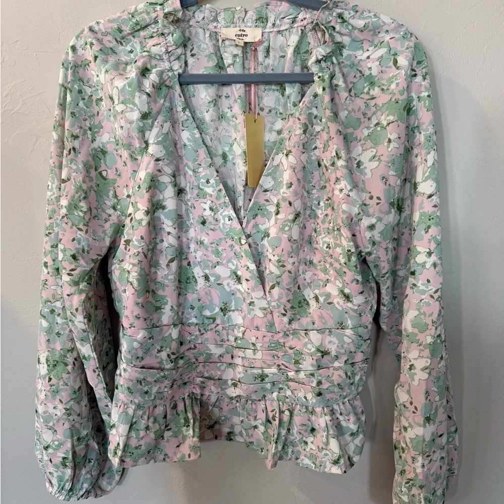NWT Entro Pink and Green Floral Blouse Size Large - Picture 1 of 5
